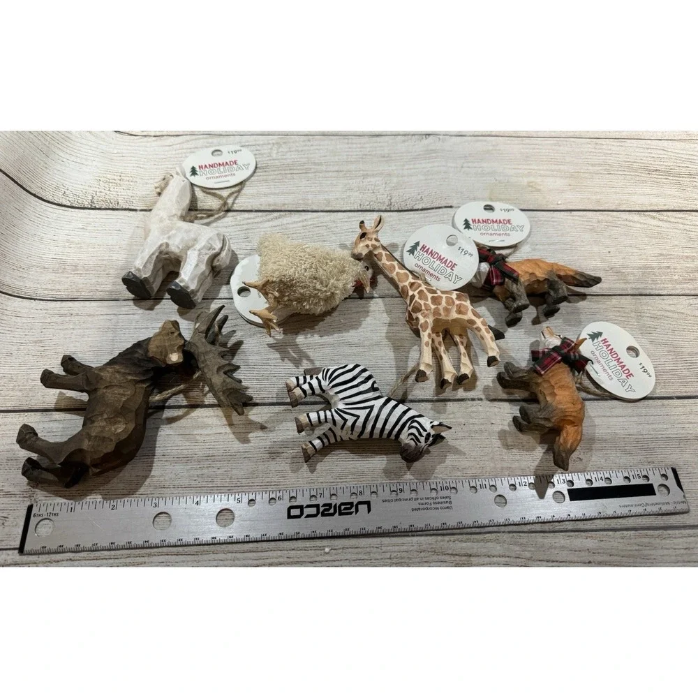 Lot of Handmade Holiday Wood Carved Animal Ornaments Moose Fox Zebra Giraffe T18